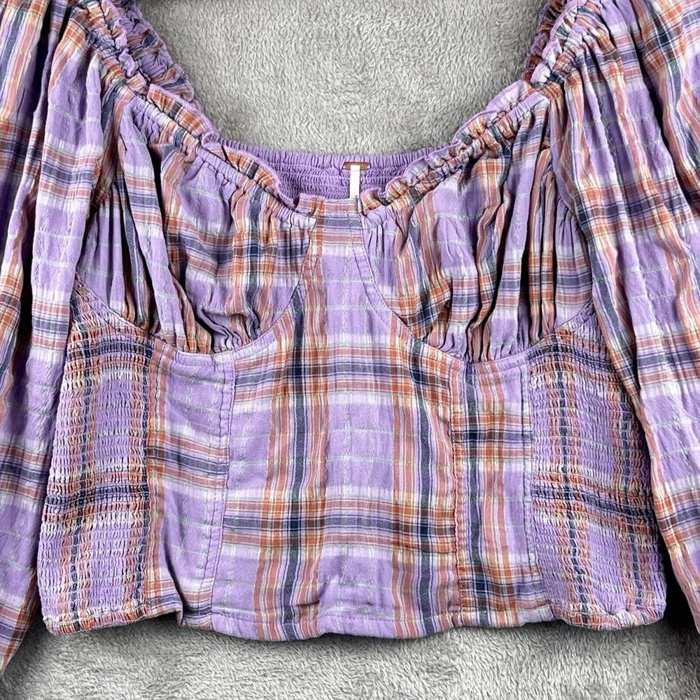 Free People‎ Cherry Bomb Top Womens XL Purple Plaid Balloon Sleeves Ruched Boho - Picture 3 of 11